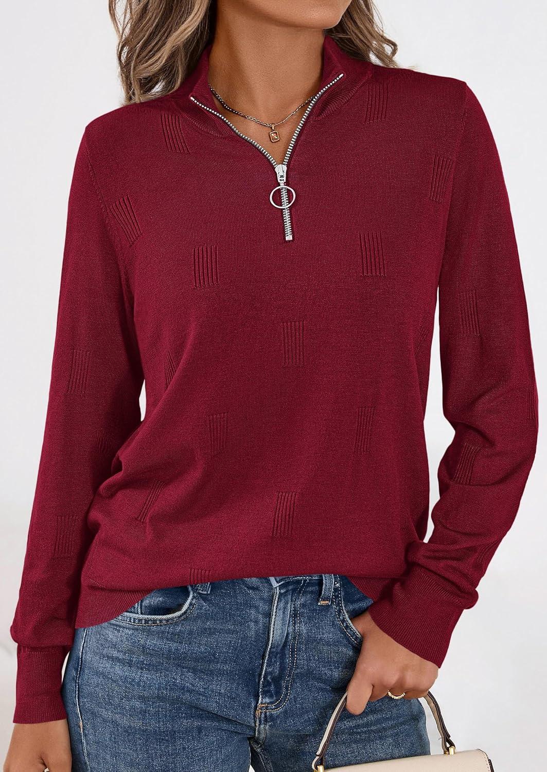 imagePRETTYGARDEN Womens Sweaters Quarter Zip Knit Long Sleeve Business Casual Pullover Tops 2025 Fall Fashion Work OutfitsWine Red