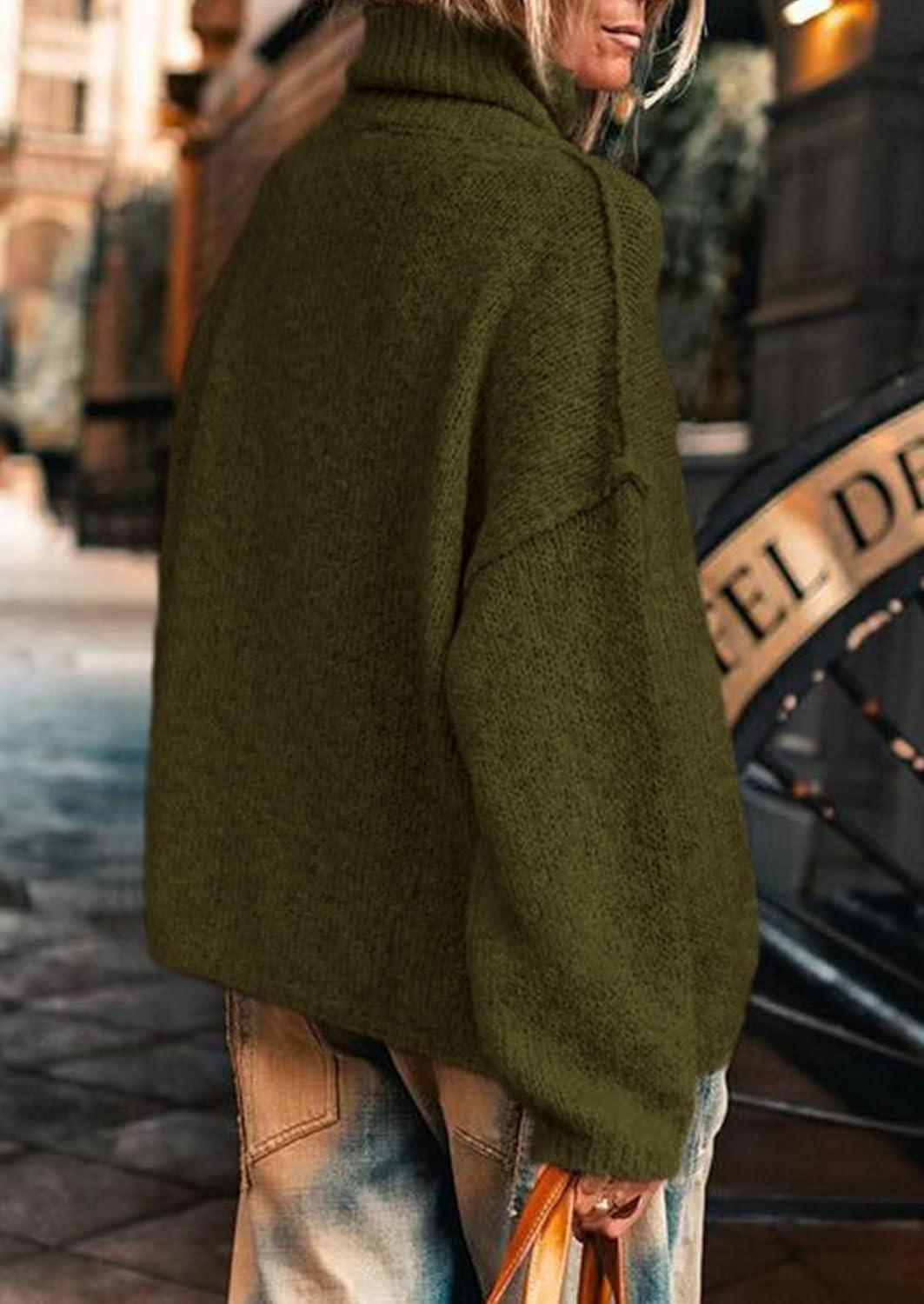 imagePRETTYGARDEN Womens Turtleneck Long Sleeve Sweater 2025 Fall Trendy Loose Fit Knit Tops Oversized Pullover SweatersArmy Green