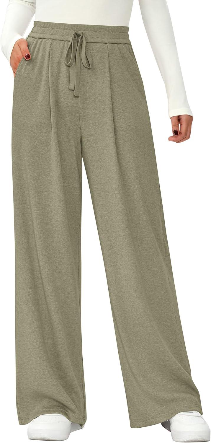 imagePRETTYGARDEN Womens Wide Leg Pants 2025 Fall Clothes Elastic High Waisted Knit Lounge Palazzo Pant Trousers with Pockets