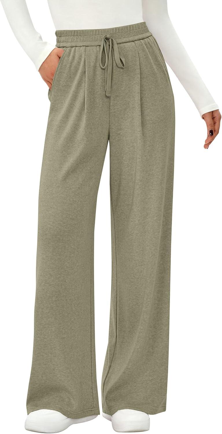 imagePRETTYGARDEN Womens Wide Leg Pants 2025 Fall Clothes Elastic High Waisted Knit Lounge Palazzo Pant Trousers with Pockets