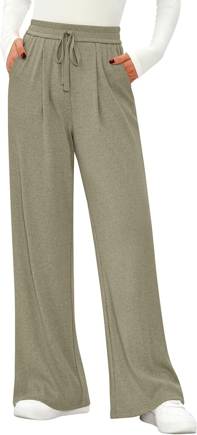 imagePRETTYGARDEN Womens Wide Leg Pants 2025 Fall Clothes Elastic High Waisted Knit Lounge Palazzo Pant Trousers with Pockets