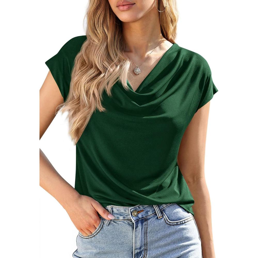 imagePRETTYGARDEN Blouses for Women Dressy Casual 2026 Summer Cowl Neck Short Sleeve Tops Spring Work Office Teacher ShirtsGreen