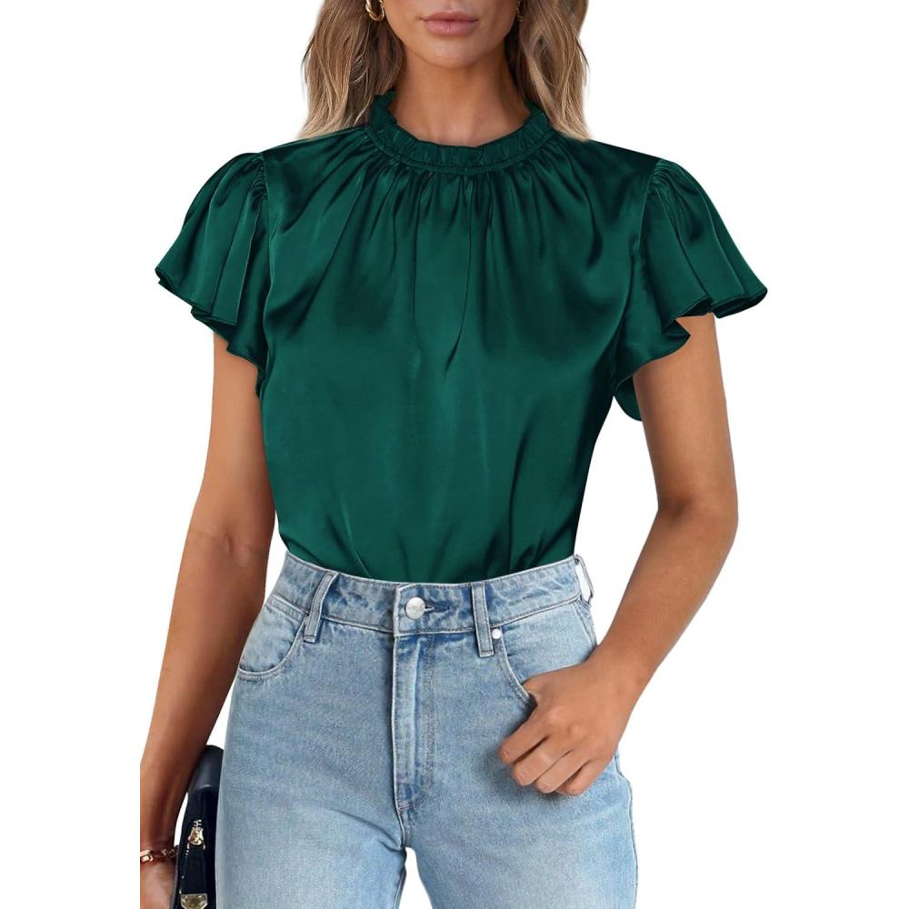 imagePRETTYGARDEN Business Casual Tops for Women Blouses Dressy 2026 Summer Short Sleeve Ruffle Satin Work Office AttireDark Green