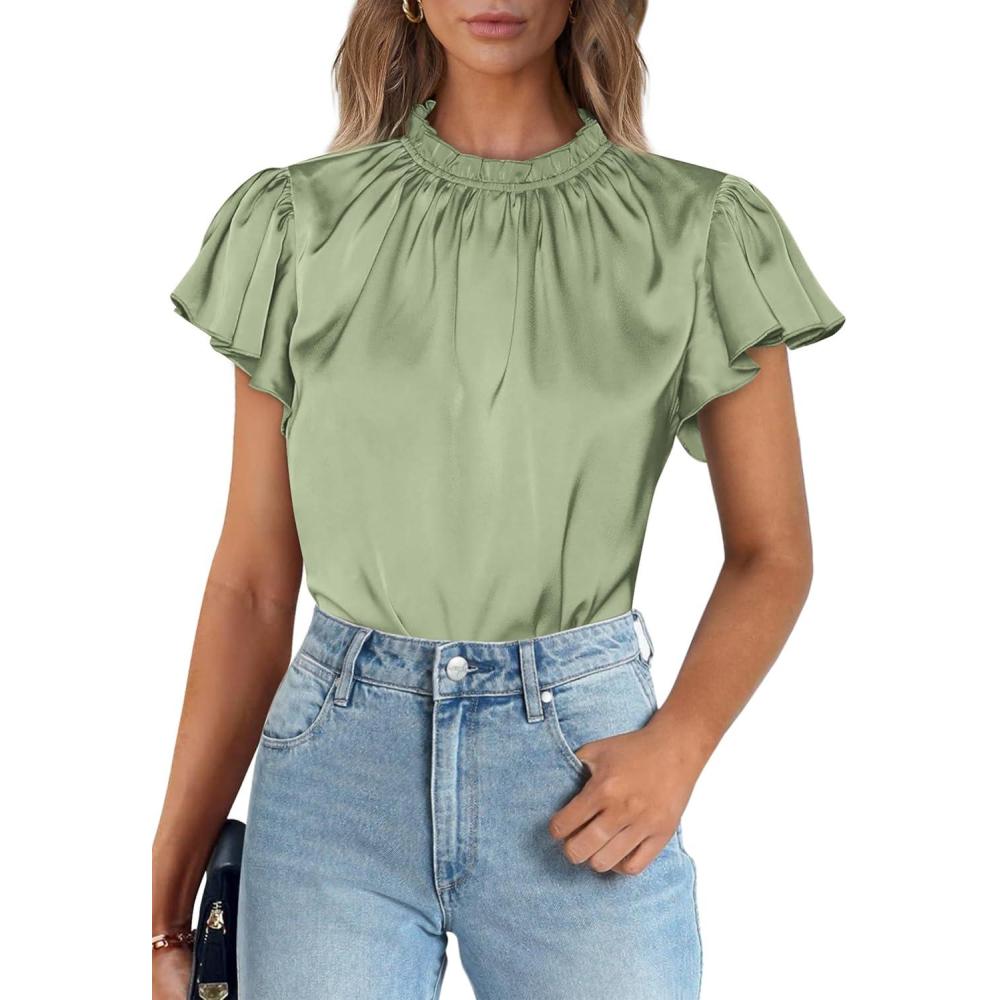 imagePRETTYGARDEN Business Casual Tops for Women Blouses Dressy 2026 Summer Short Sleeve Ruffle Satin Work Office AttireMint Green