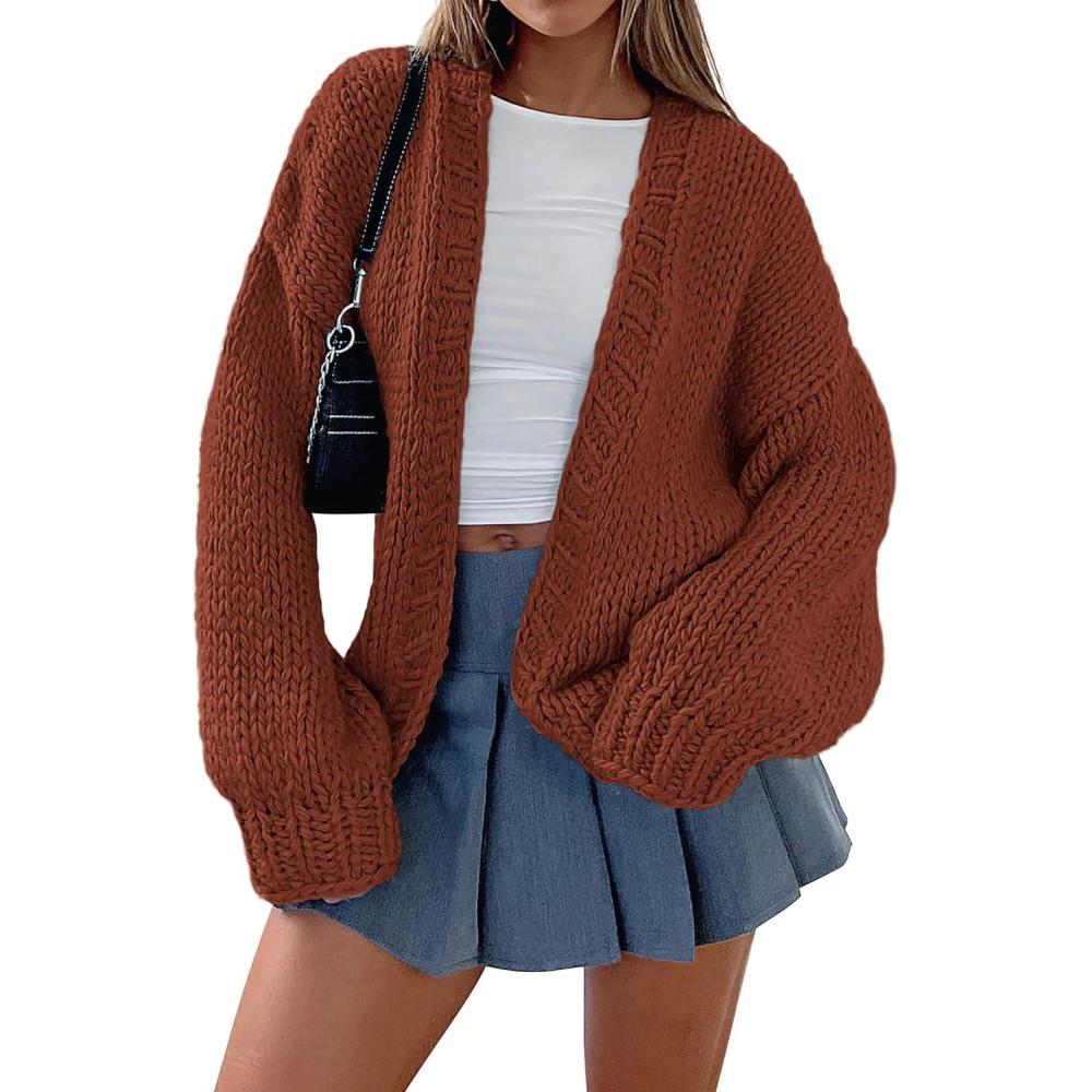 imagePRETTYGARDEN Cardigan Sweaters for Women Trendy Fall Fashion 2026 Long Sleeve Chunky Knit Cardigans Winter Clothing OutfitsBrown Red