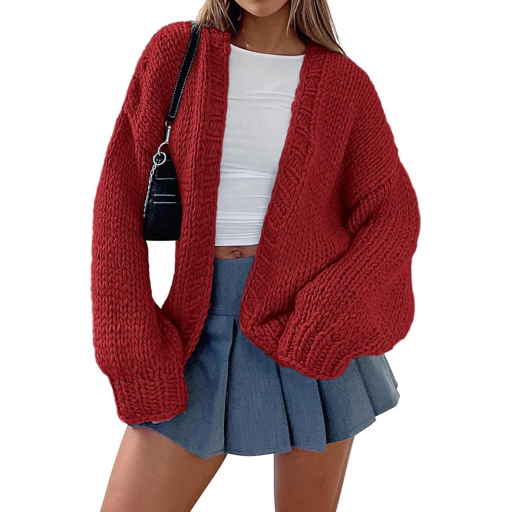 imagePRETTYGARDEN Cardigan Sweaters for Women Trendy Fall Fashion 2026 Long Sleeve Chunky Knit Cardigans Winter Clothing OutfitsJujube Red
