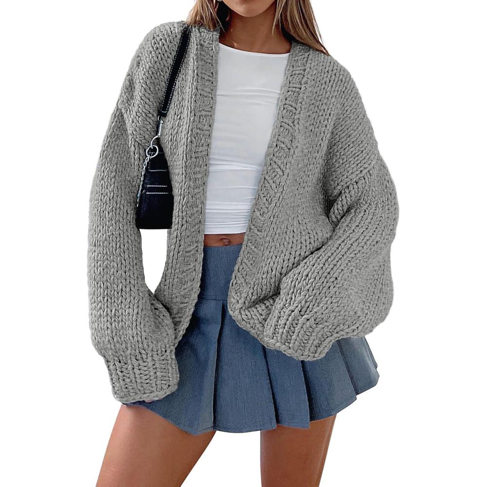 imagePRETTYGARDEN Cardigan Sweaters for Women Trendy Fall Fashion 2026 Long Sleeve Chunky Knit Cardigans Winter Clothing OutfitsLight Grey