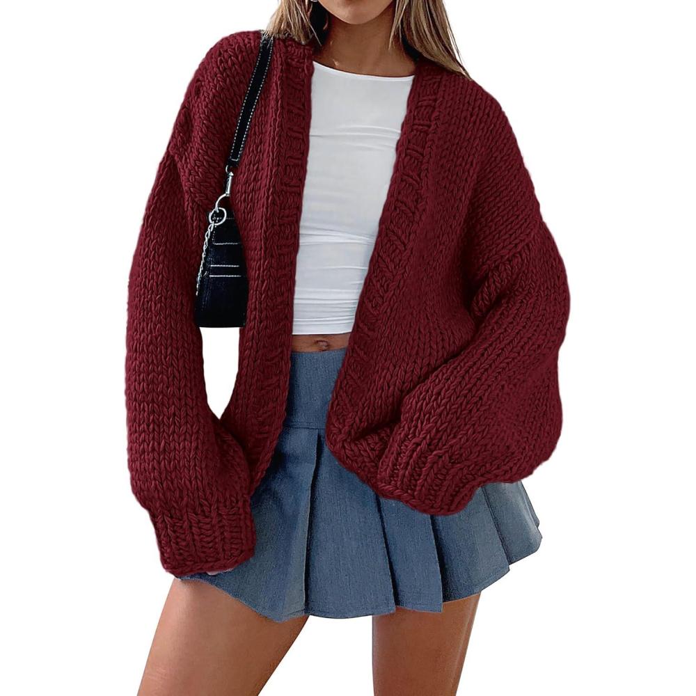 imagePRETTYGARDEN Cardigan Sweaters for Women Trendy Fall Fashion 2026 Long Sleeve Chunky Knit Cardigans Winter Clothing OutfitsWine Red