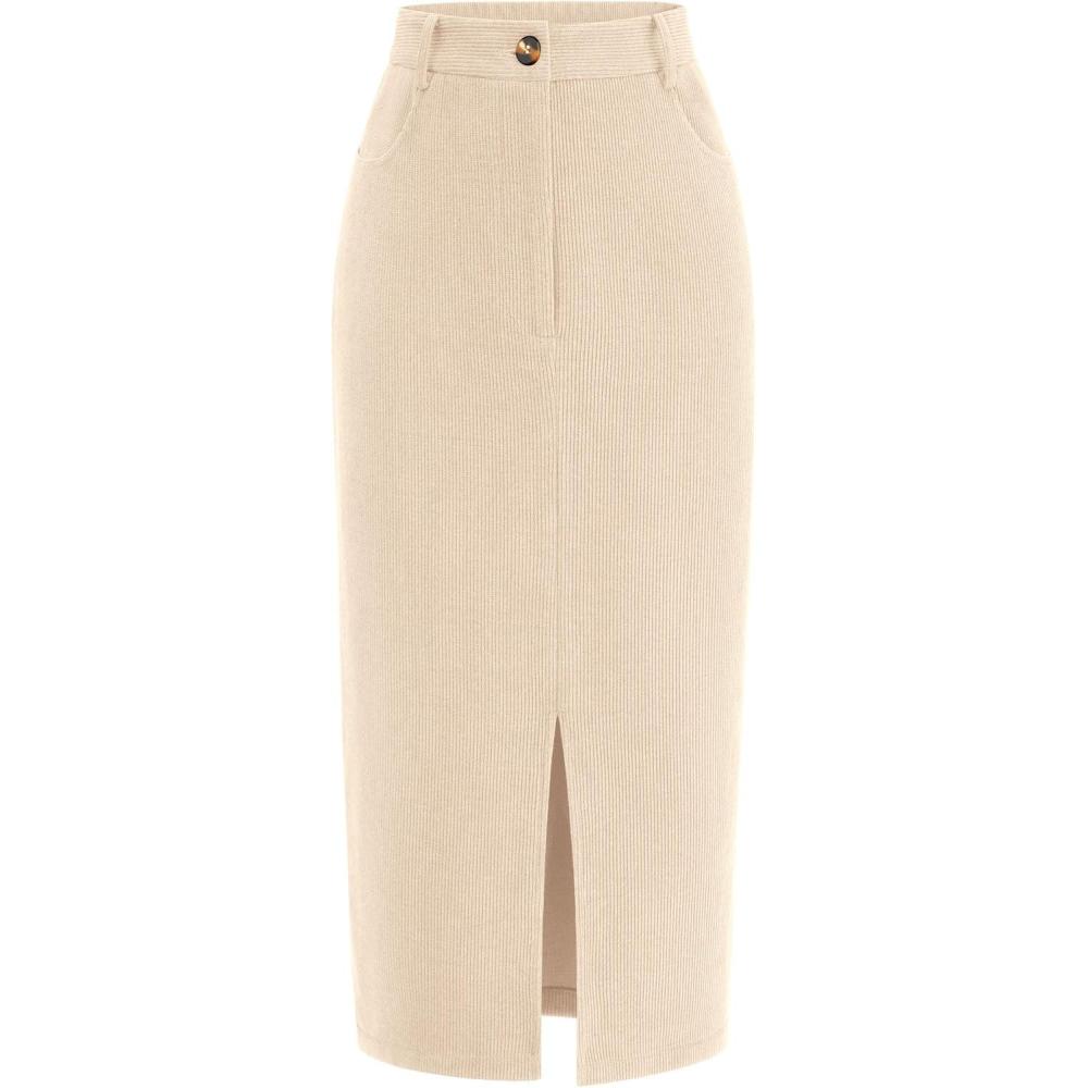 imagePRETTYGARDEN Corduroy Skirt Women Fall Fashion 2026 High Waisted Pencil Midi Skirts Business Casual Work Office Winter OutfitBeige