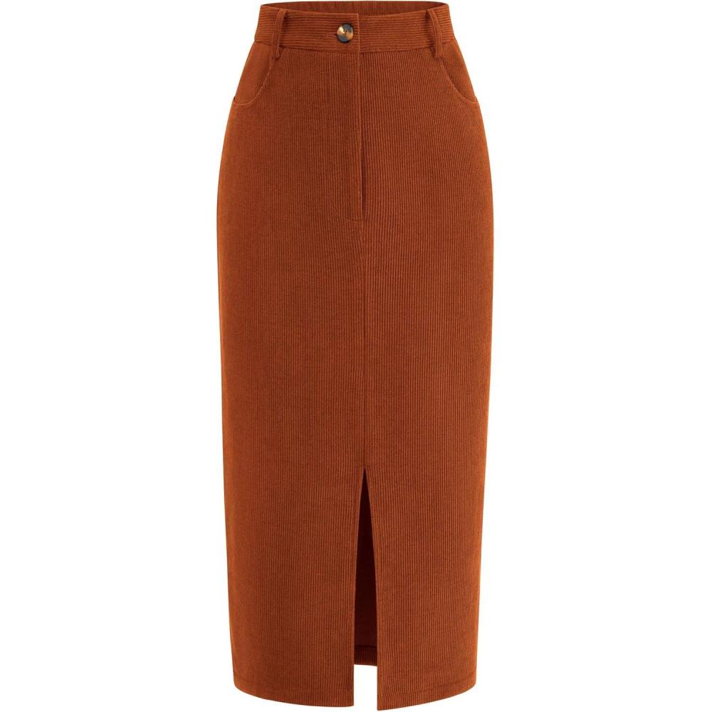 imagePRETTYGARDEN Corduroy Skirt Women Fall Fashion 2026 High Waisted Pencil Midi Skirts Business Casual Work Office Winter OutfitCaramel