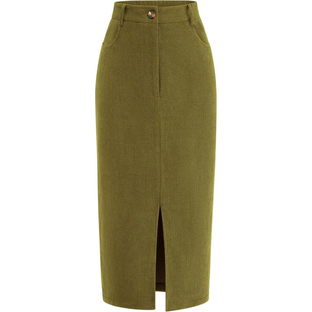 imagePRETTYGARDEN Corduroy Skirt Women Fall Fashion 2026 High Waisted Pencil Midi Skirts Business Casual Work Office Winter OutfitGreen