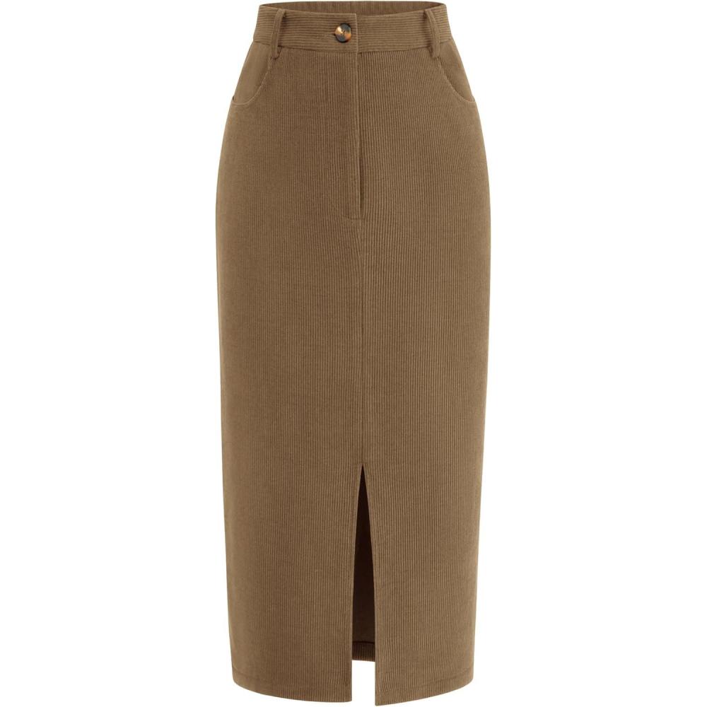 imagePRETTYGARDEN Corduroy Skirt Women Fall Fashion 2026 High Waisted Pencil Midi Skirts Business Casual Work Office Winter OutfitKhaki