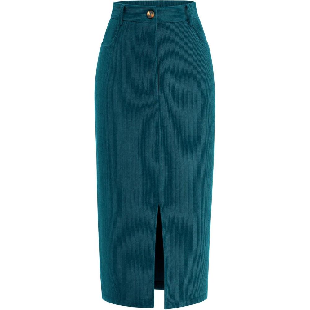 imagePRETTYGARDEN Corduroy Skirt Women Fall Fashion 2026 High Waisted Pencil Midi Skirts Business Casual Work Office Winter OutfitLake Blue