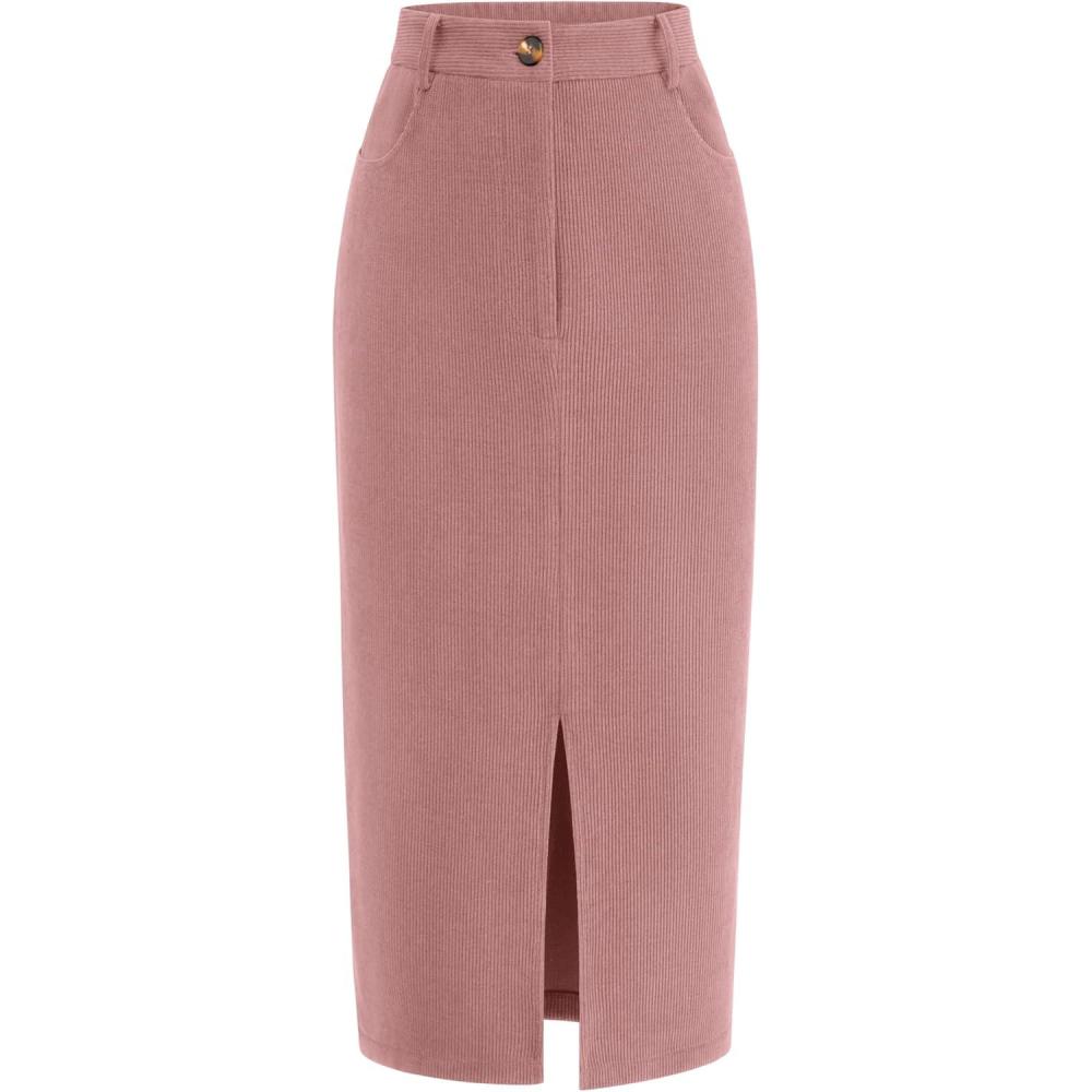 imagePRETTYGARDEN Corduroy Skirt Women Fall Fashion 2026 High Waisted Pencil Midi Skirts Business Casual Work Office Winter OutfitPink