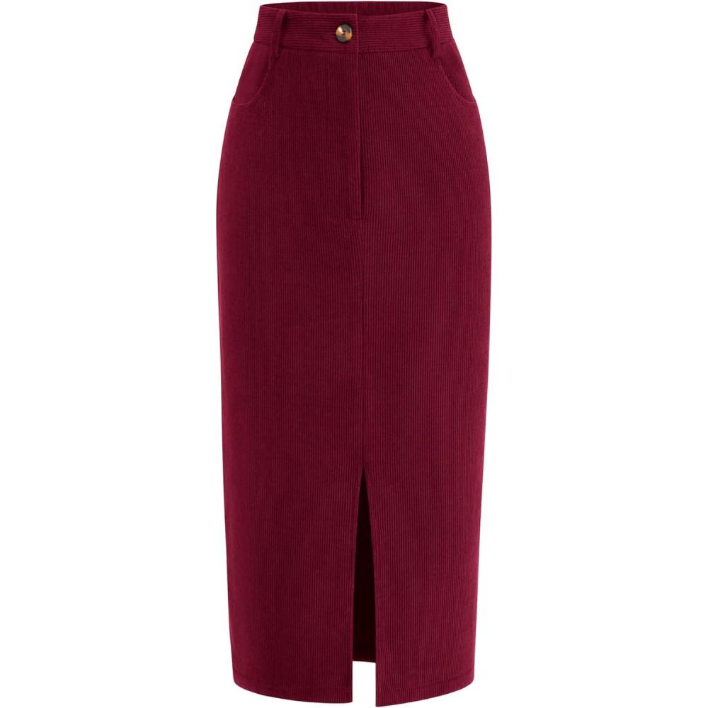 imagePRETTYGARDEN Corduroy Skirt Women Fall Fashion 2026 High Waisted Pencil Midi Skirts Business Casual Work Office Winter OutfitWine Red