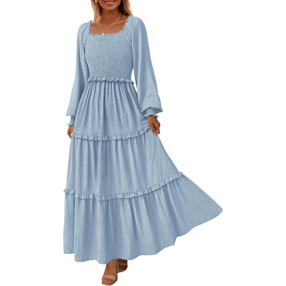 imagePRETTYGARDEN Fall Dresses for Women 2026 Long Sleeve Smocked Square Neck Swiss Dot Tiered Flowy Wedding Guest Maxi DressLight Blue