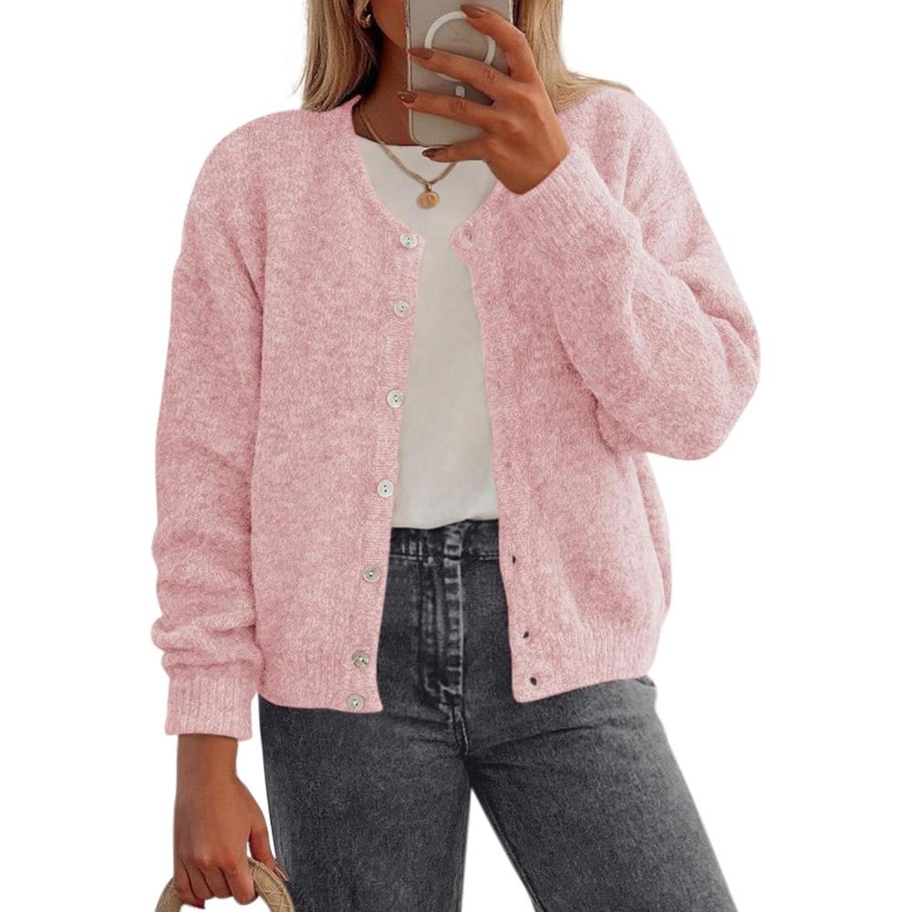imagePRETTYGARDEN Fall Long Sleeve Cardigans for Women Trendy 2026 Lightweight Button Down Crewneck Loose Knit Sweater ClothesPink