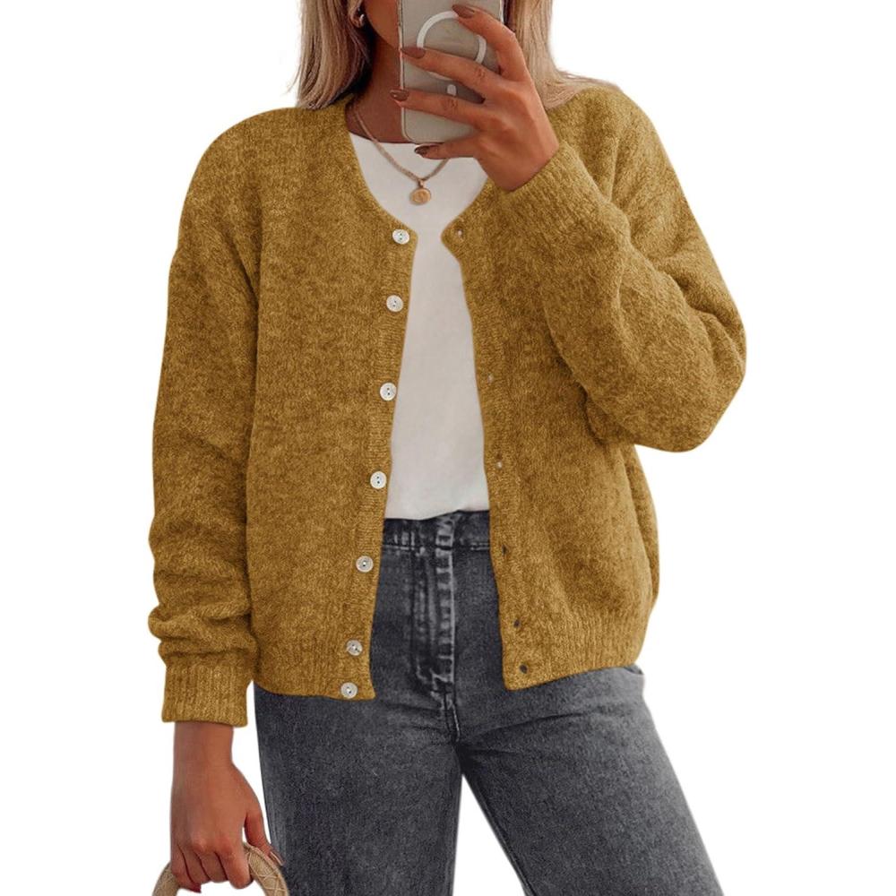 imagePRETTYGARDEN Fall Long Sleeve Cardigans for Women Trendy 2026 Lightweight Button Down Crewneck Loose Knit Sweater ClothesYellow