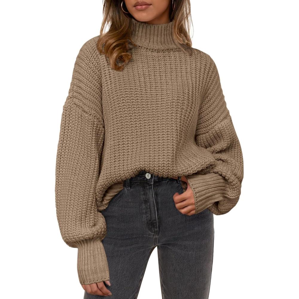 imagePRETTYGARDEN Fall Oversized Sweaters for Women Chunky Knit Long Sleeve Turtle Neck Pullover Jumper Tops Cozy Winter ClothingLight Khaki