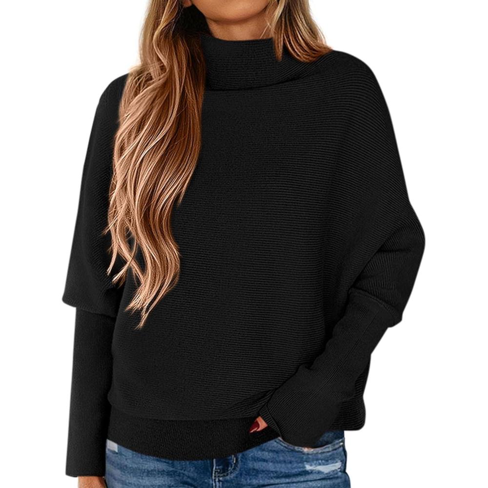 imagePRETTYGARDEN Fall Sweaters for Women 2026 Winter Clothing Batwing Sleeve Casual Loose Knit Turtleneck Sweater Holiday OutfitsBlack
