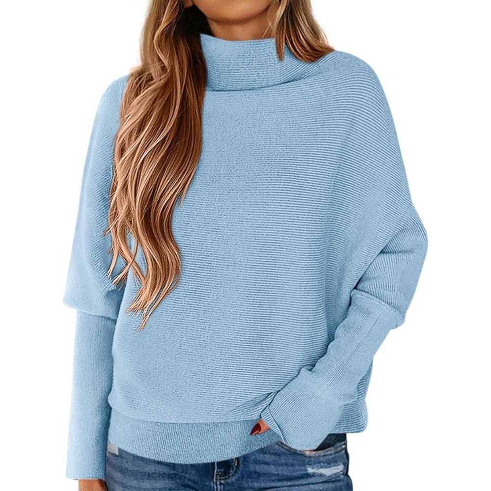 imagePRETTYGARDEN Fall Sweaters for Women 2026 Winter Clothing Batwing Sleeve Casual Loose Knit Turtleneck Sweater Holiday OutfitsBlue