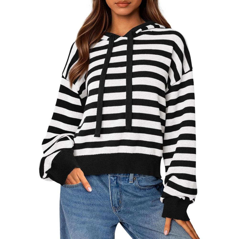 imagePRETTYGARDEN Hoodies for Women Fall Fashion 2026 Striped Pullover Sweaters Casual Long Sleeve Tops Winter ClothingStriped Black White