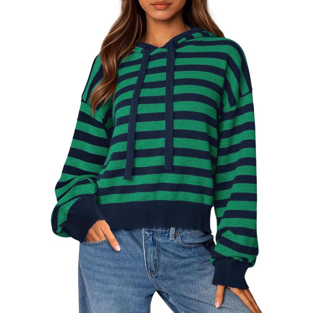 imagePRETTYGARDEN Hoodies for Women Fall Fashion 2026 Striped Pullover Sweaters Casual Long Sleeve Tops Winter ClothingStriped Navy Green