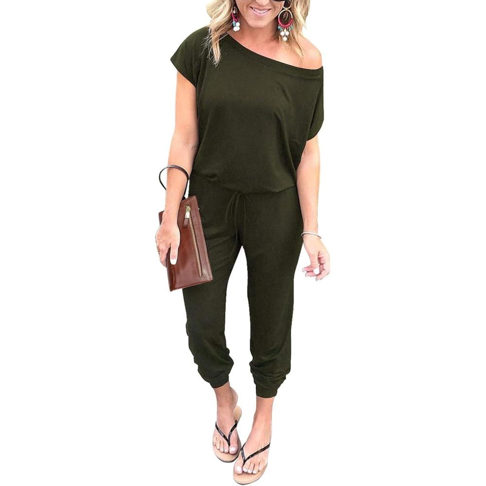imagePRETTYGARDEN Jumpsuits for Women 2026 Summer Dressy Off Shoulder Romper Spring Vacation Travel Lounge Outfits ClothesGreen