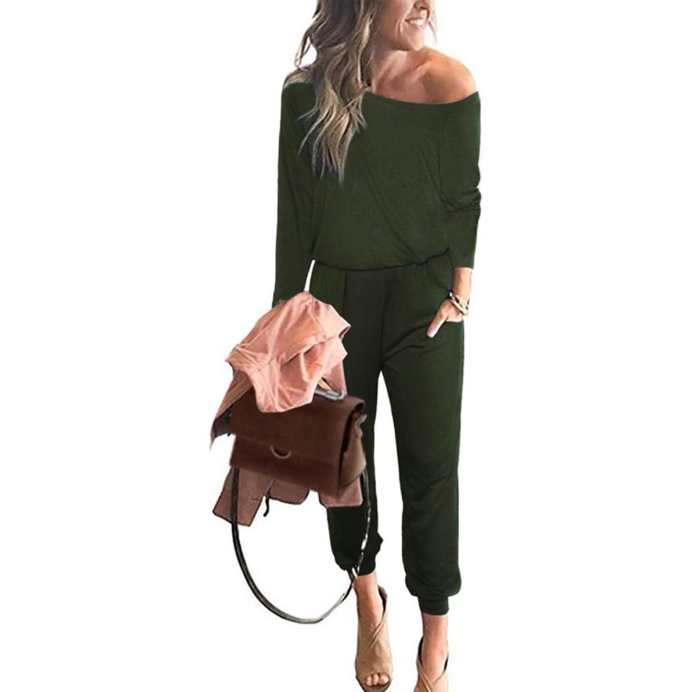 imagePRETTYGARDEN Jumpsuits for Women Casual 2026 Fall Long Sleeve Off Shoulder Rompers One Piece Travel Outfits Fashion ClothingArmy Green