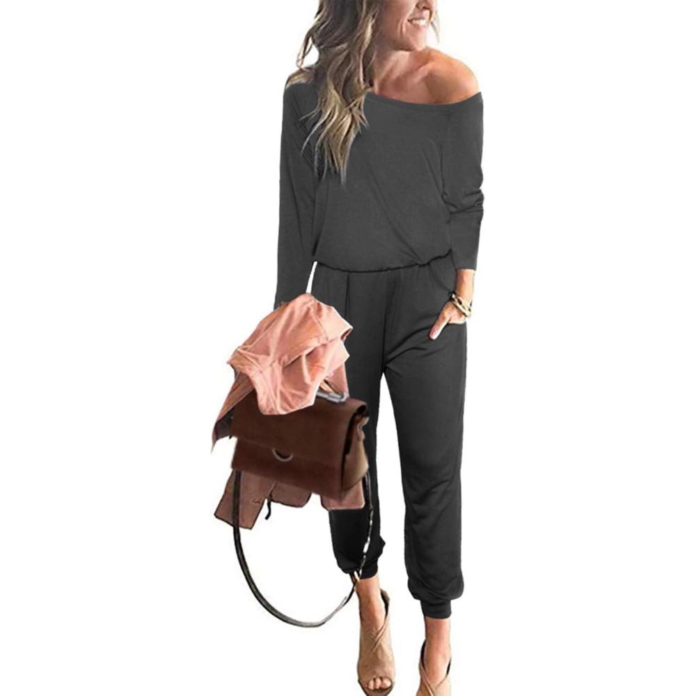 imagePRETTYGARDEN Jumpsuits for Women Casual 2026 Fall Long Sleeve Off Shoulder Rompers One Piece Travel Outfits Fashion ClothingBlack Grey