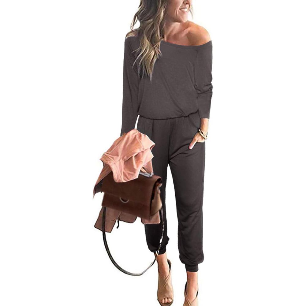 imagePRETTYGARDEN Jumpsuits for Women Casual 2026 Fall Long Sleeve Off Shoulder Rompers One Piece Travel Outfits Fashion ClothingDark Grey