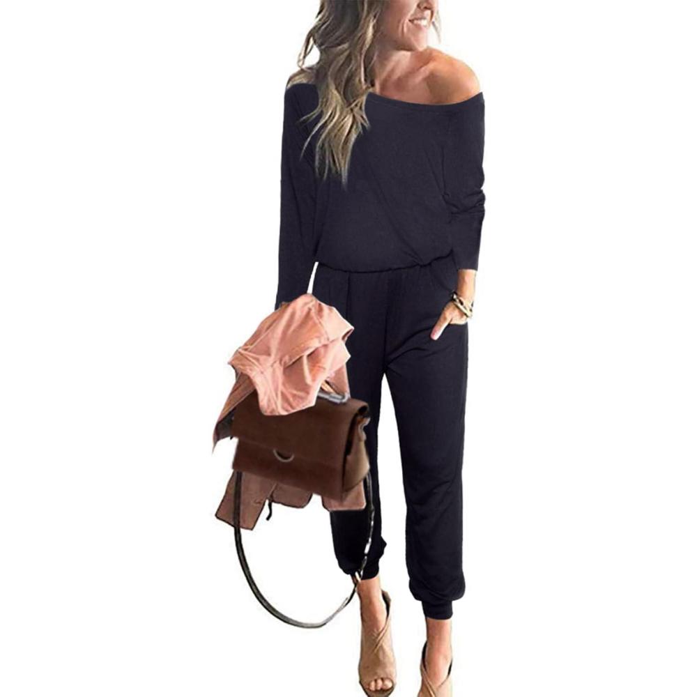 imagePRETTYGARDEN Jumpsuits for Women Casual 2026 Fall Long Sleeve Off Shoulder Rompers One Piece Travel Outfits Fashion ClothingNavy
