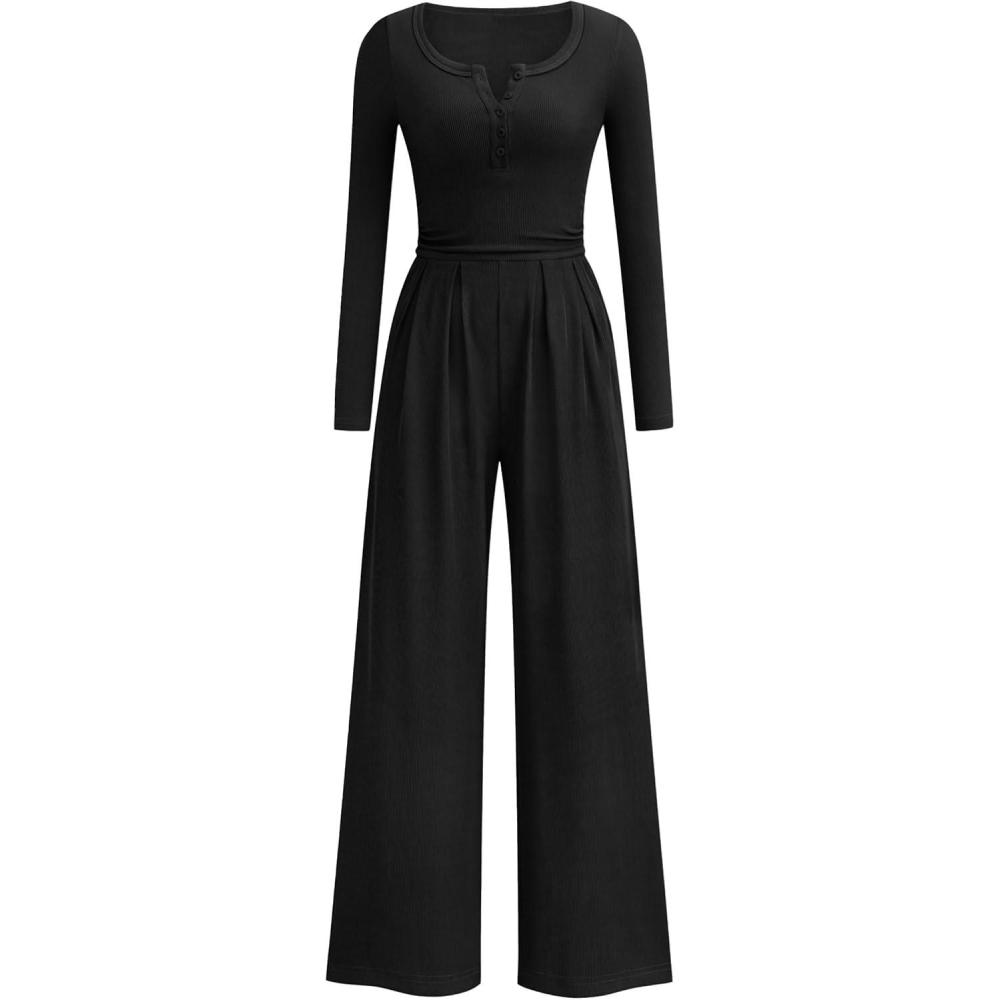 imagePRETTYGARDEN Jumpsuits for Women Dressy Casual 2026 Fall One Piece Outfits Long Sleeve Wide Leg Pants Romper Fashion ClothingBlack