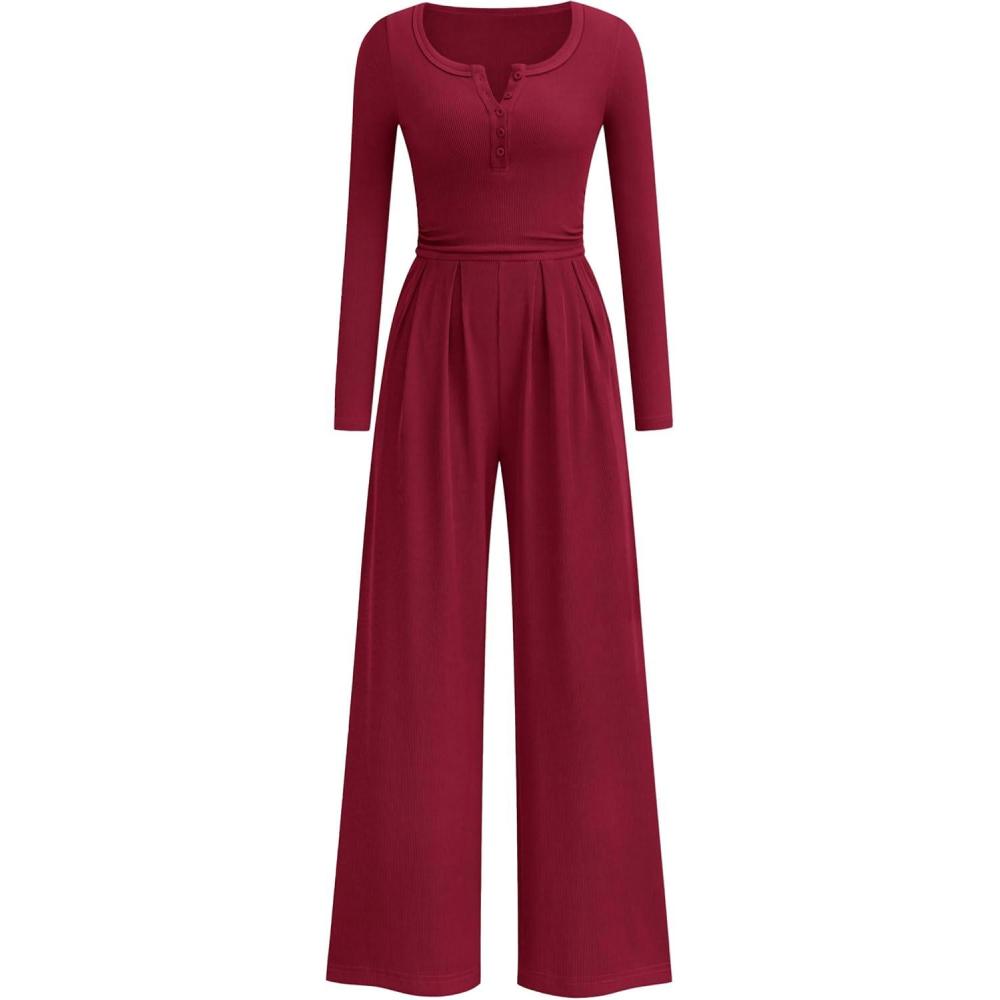 imagePRETTYGARDEN Jumpsuits for Women Dressy Casual 2026 Fall One Piece Outfits Long Sleeve Wide Leg Pants Romper Fashion ClothingBurgundy