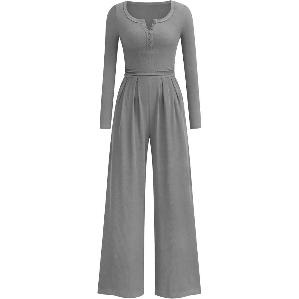 imagePRETTYGARDEN Jumpsuits for Women Dressy Casual 2026 Fall One Piece Outfits Long Sleeve Wide Leg Pants Romper Fashion ClothingGrey