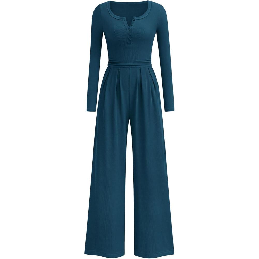 imagePRETTYGARDEN Jumpsuits for Women Dressy Casual 2026 Fall One Piece Outfits Long Sleeve Wide Leg Pants Romper Fashion ClothingLake Blue