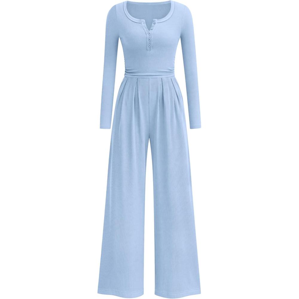 imagePRETTYGARDEN Jumpsuits for Women Dressy Casual 2026 Fall One Piece Outfits Long Sleeve Wide Leg Pants Romper Fashion ClothingLight Blue