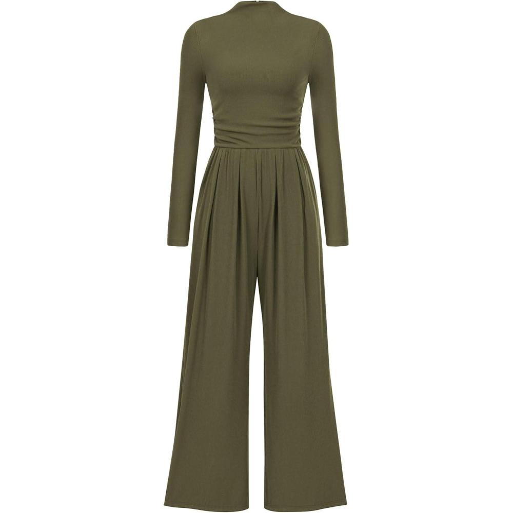 imagePRETTYGARDEN Jumpsuits for Women Dressy Fall Fashion Clothing 2026 Long Sleeve Mock Neck Date Night Rompers Business OutfitsArmy Green