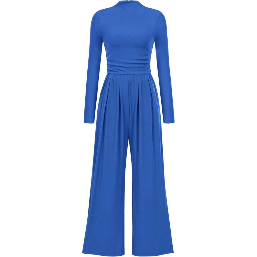 imagePRETTYGARDEN Jumpsuits for Women Dressy Fall Fashion Clothing 2026 Long Sleeve Mock Neck Date Night Rompers Business OutfitsBlue