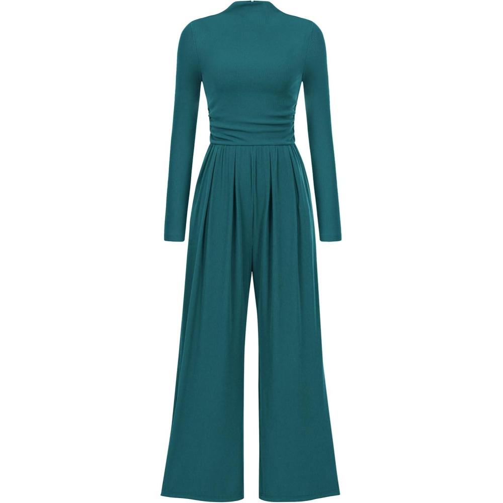 imagePRETTYGARDEN Jumpsuits for Women Dressy Fall Fashion Clothing 2026 Long Sleeve Mock Neck Date Night Rompers Business OutfitsBlue Green