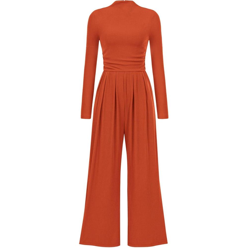 imagePRETTYGARDEN Jumpsuits for Women Dressy Fall Fashion Clothing 2026 Long Sleeve Mock Neck Date Night Rompers Business OutfitsBrick Red