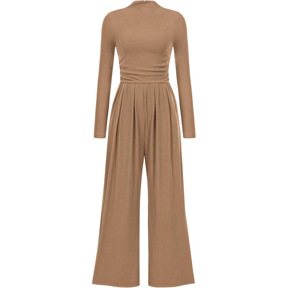 imagePRETTYGARDEN Jumpsuits for Women Dressy Fall Fashion Clothing 2026 Long Sleeve Mock Neck Date Night Rompers Business OutfitsCamel