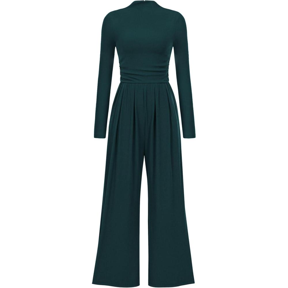 imagePRETTYGARDEN Jumpsuits for Women Dressy Fall Fashion Clothing 2026 Long Sleeve Mock Neck Date Night Rompers Business OutfitsDark Green
