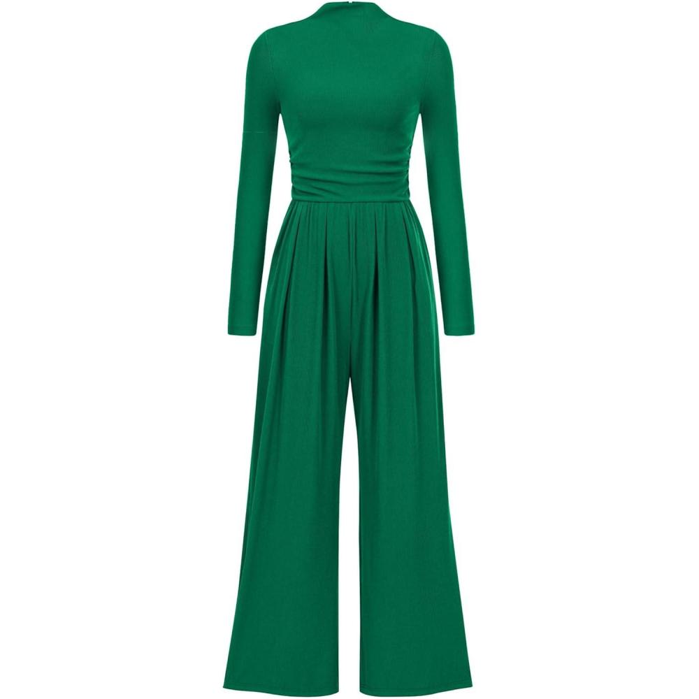 imagePRETTYGARDEN Jumpsuits for Women Dressy Fall Fashion Clothing 2026 Long Sleeve Mock Neck Date Night Rompers Business OutfitsGreen