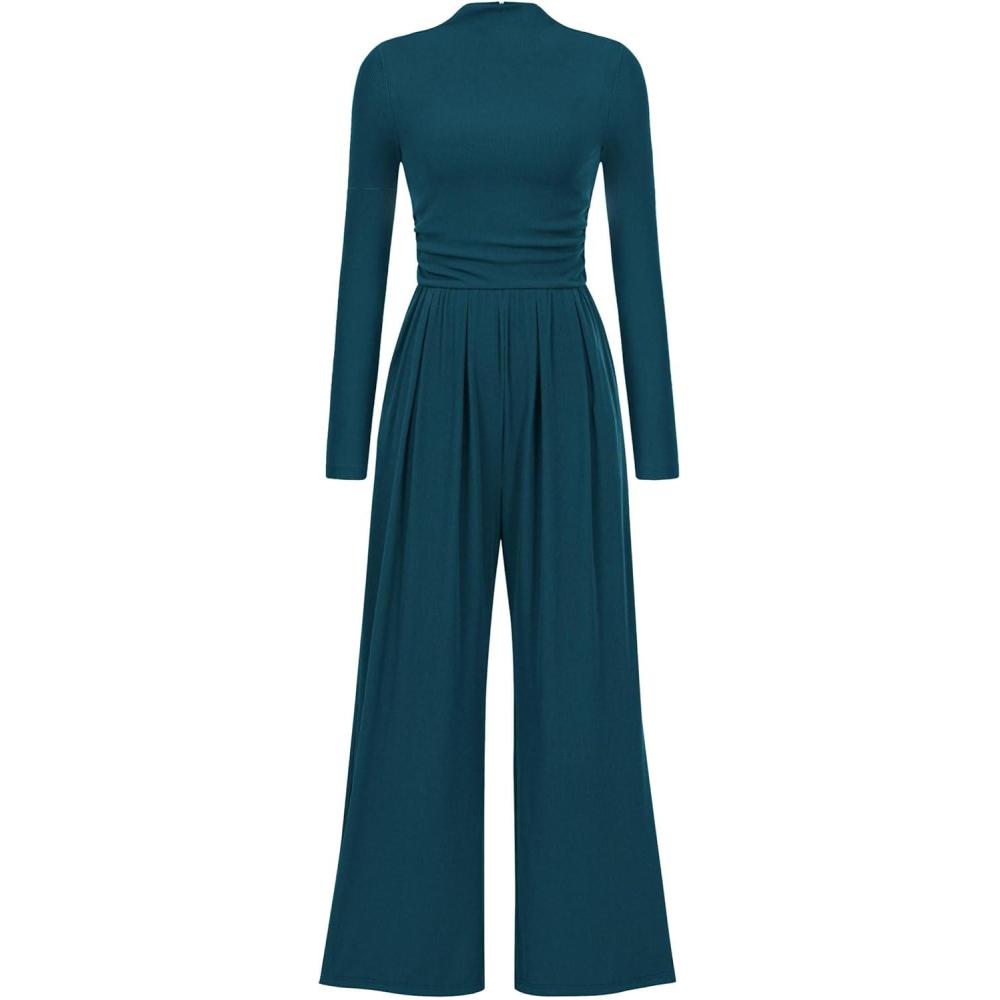imagePRETTYGARDEN Jumpsuits for Women Dressy Fall Fashion Clothing 2026 Long Sleeve Mock Neck Date Night Rompers Business OutfitsLake Blue