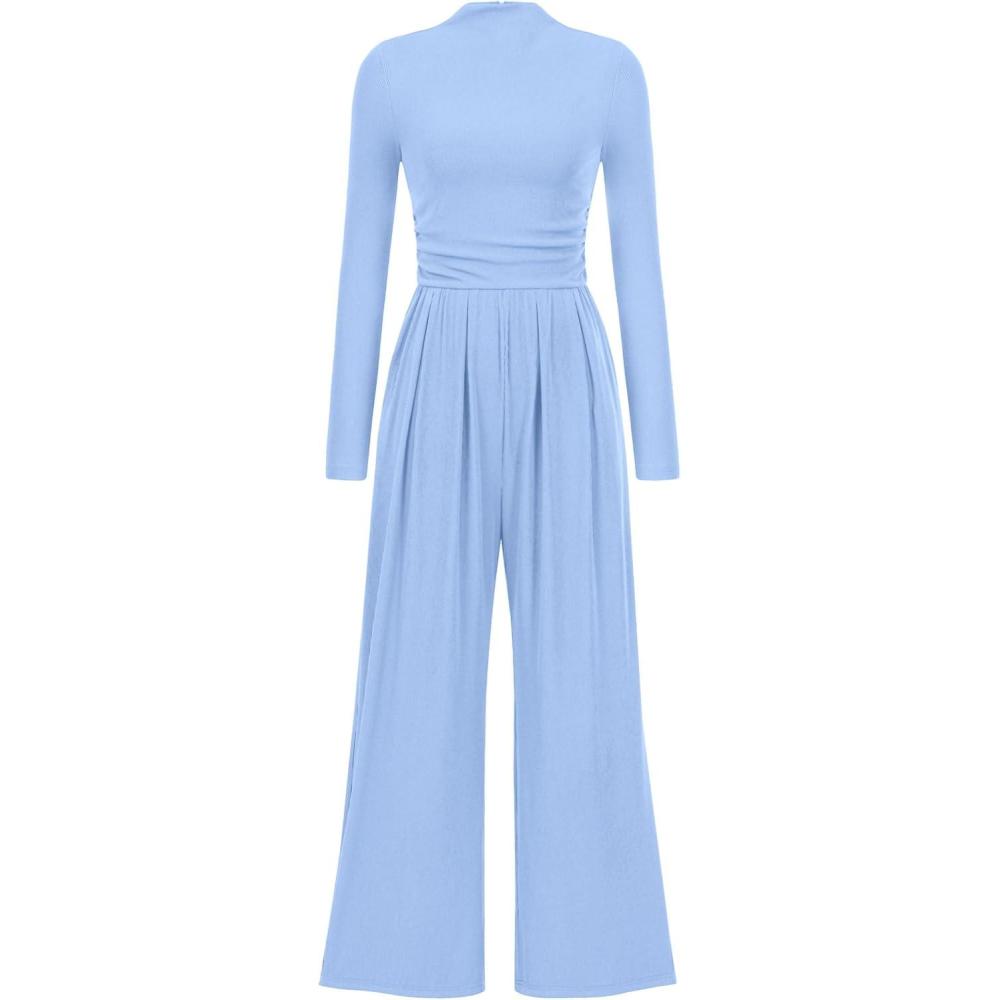 imagePRETTYGARDEN Jumpsuits for Women Dressy Fall Fashion Clothing 2026 Long Sleeve Mock Neck Date Night Rompers Business OutfitsLight Blue