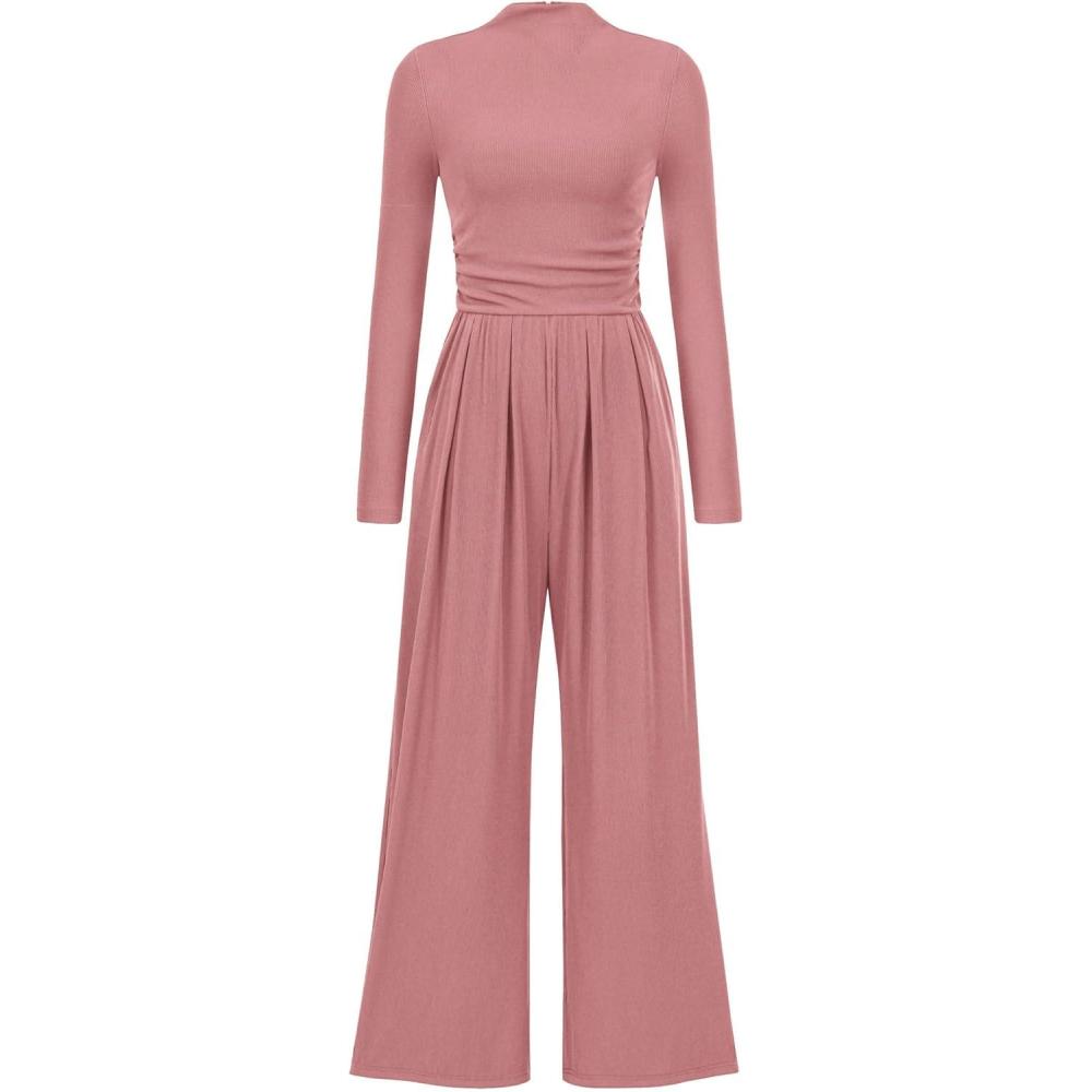imagePRETTYGARDEN Jumpsuits for Women Dressy Fall Fashion Clothing 2026 Long Sleeve Mock Neck Date Night Rompers Business OutfitsPink