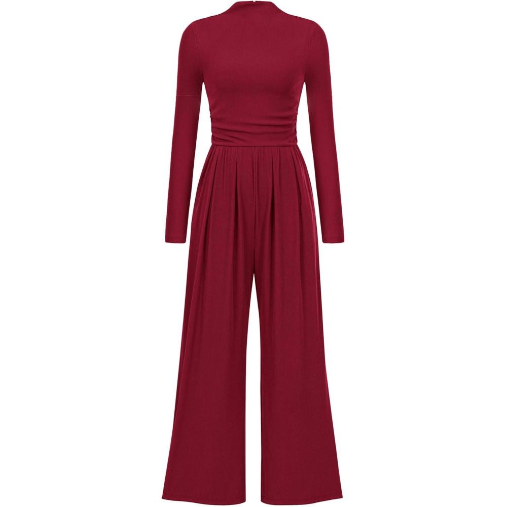 imagePRETTYGARDEN Jumpsuits for Women Dressy Fall Fashion Clothing 2026 Long Sleeve Mock Neck Date Night Rompers Business OutfitsWine Red