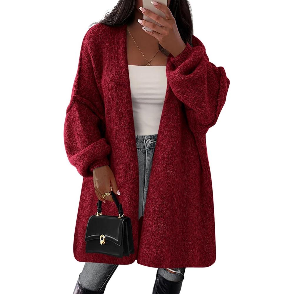 imagePRETTYGARDEN Long Cardigan Sweaters for Women Trendy Fall 2026 Oversized Knit Sweater Jacket Coats Winter Fashion ClothingBurgundy