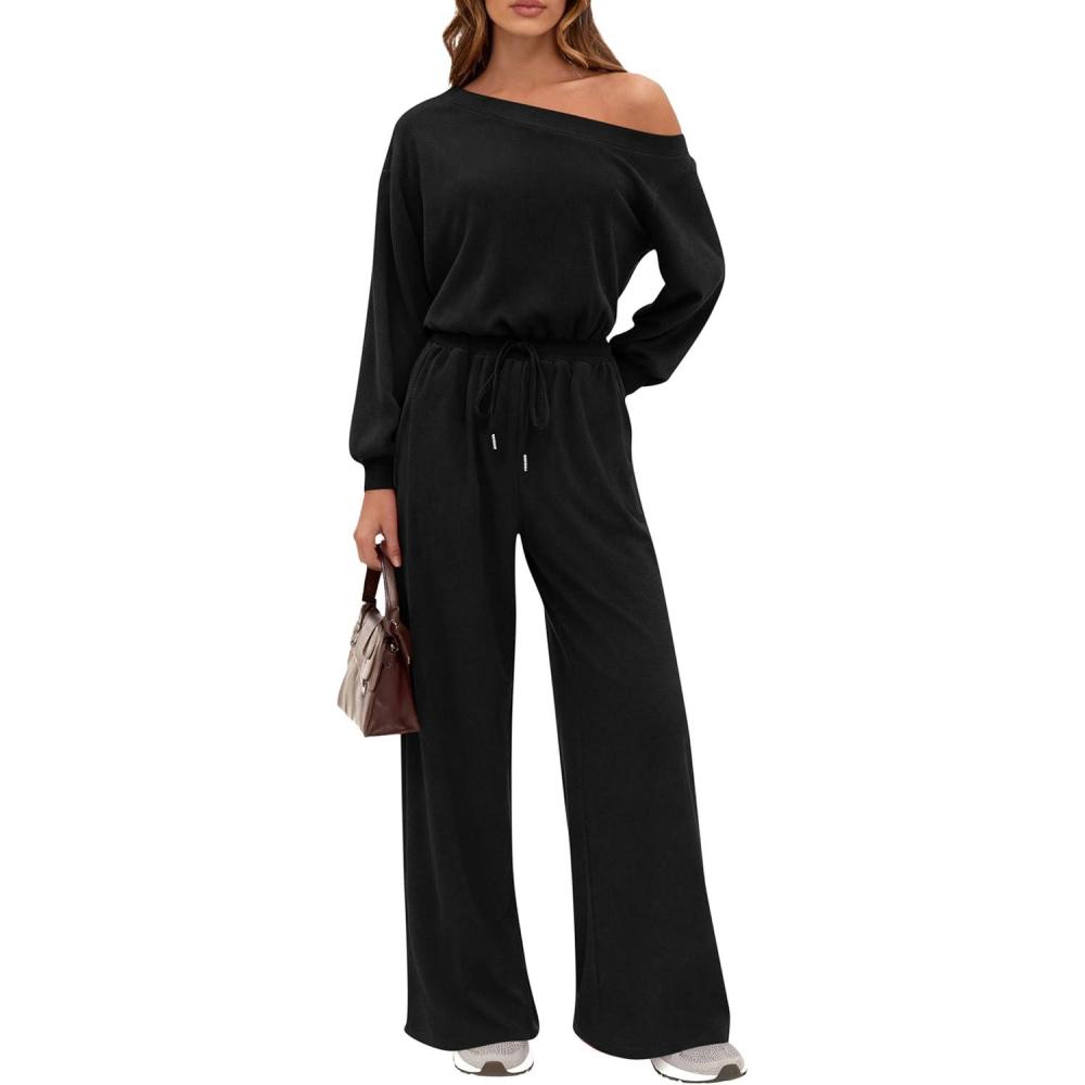 imagePRETTYGARDEN Long Sleeve Jumpsuit For Women Dressy 2025 Off Shoulder One Piece Loose Wide Leg Jumpsuits Casual Flowy RomperBlack
